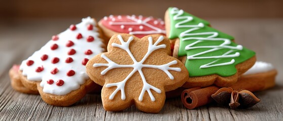 Decorated holiday cookies on wooden table background