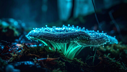 Bioluminescent Magic: A Macro Shot of Ethereal Glowing Mushrooms in a Dark, Moody Forest Environment.