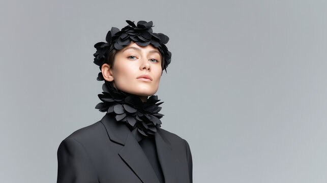 Elegant woman wearing black avant-garde floral accessories and blazer, posing confidently against minimalist grey background, representing bold fashion, modern art, and creative expression