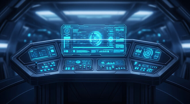 A futuristic cockpit control panel with glowing blue screens and various buttons and controls visible ai generated
