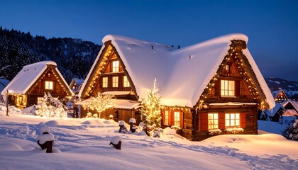 Snowy chalet village at night