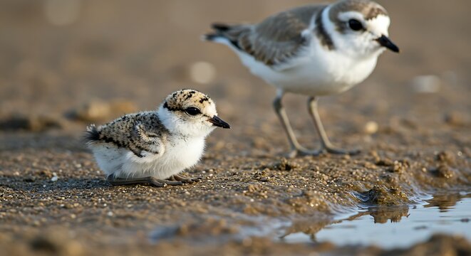 Piping Plover Adult and Chick on Sandy Shore. - Powered by Adobe