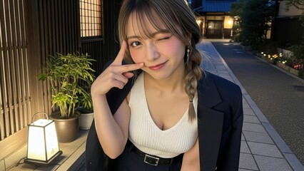 飲み会の帰り道、ウインクをしながらおどけて見せる若い女性