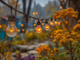 Naklejka premium Zewnętrzna dekoracja jesienna, z wiszącymi lampkami na sznurku na tle drzew i pomarańczowych kwiatów. Ciepłe światło lamp tworzy przytulną, wieczorową atmosferę.