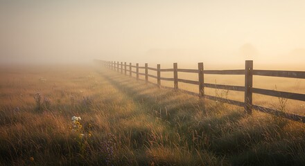 Misty morning landscape with wooden fence.