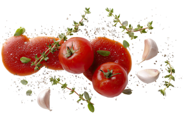 Fresh tomatoes, garlic, and herbs scattered on a bed of seasoning
