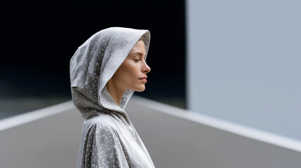 Elegant woman in silver hooded garment standing in minimalist architectural setting with eyes closed, expressing calm, modern fashion, mindfulness, and futuristic aesthetic