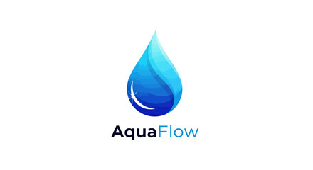 A stylized blue water droplet with gradient shading and the text "AquaFlow" below, set against a clean white background.