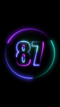 glowing neon three colors Inside the circle 87 number text icon animation on a black background.