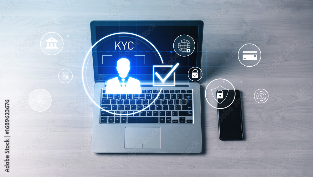 Poster digital kyc verification with biometric scan, id authentication, and financial security icons repres