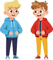 Two boys talking wearing casual jackets with hood in blue and red colors vector illustration 