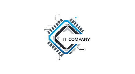 A stylized logo featuring a geometric design resembling a computer chip with the text "IT COMPANY" inside a blue and black frame.