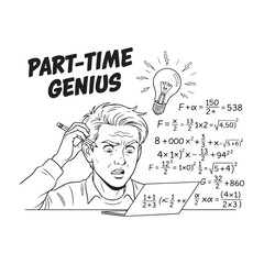Confused Student Solving Complex Math Formulas - Funny Cartoon Concept of Part-Time Genius with Light Bulb Idea