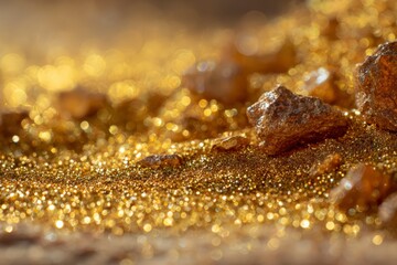 Golden Glittering Particles Over Smooth Surface with Rocks
