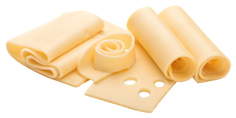 Sliced cheese and rolled cheese slices isolated on a transparent background dairy