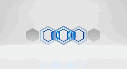 Abstract geometric design featuring interconnected blue-outlined hexagons on a light gray gradient background.