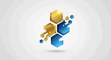 Abstract geometric design featuring interconnected gold and blue hexagons with a pixelated or fragmented effect, set against a light gray background.