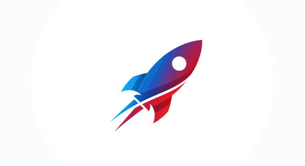 Stylized rocket ship icon with a gradient of blue and red, taking off against a white background.