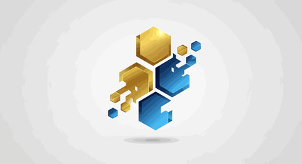 Abstract geometric design featuring interconnected gold and blue hexagons with pixelated, dissolving edges on a light background.