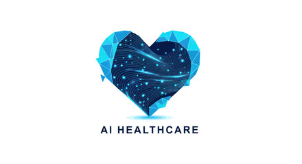 Abstract geometric heart with blue polygonal design and glowing particles inside, representing AI Healthcare.