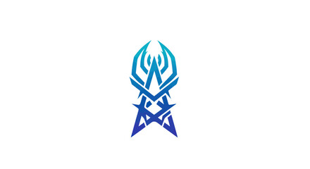 Abstract emblem featuring a stylized star and upward-reaching, flame-like shapes in a gradient of blue.