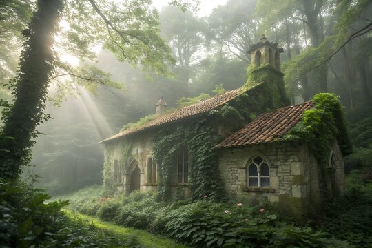 Abandoned stone cottage overgrown with ivy in a misty forest with sunbeams filtering through trees - Powered by Adobe