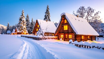 Naklejka premium Snowy winter village at dusk