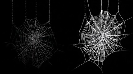 Two delicate, ethereal spiderwebs hang suspended against a stark, contrasting black backdrop