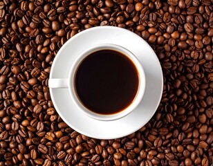 Fototapeta premium White coffee cup filled with dark liquid, surrounded by coffee beans