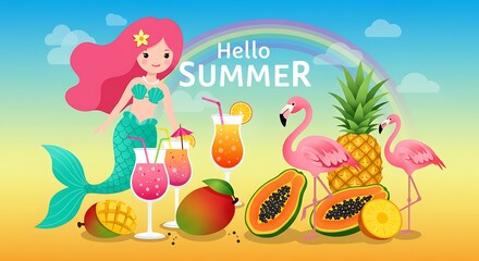 Summer Cocktails with Flamingoes and Tropical Fruits.