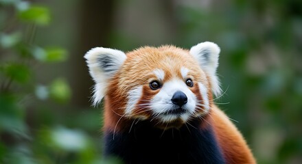 Naklejka premium Red Panda Portrait - Captivating Gaze in Natural Habitat.