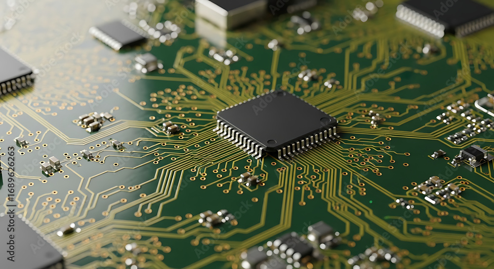Aufkleber a close up of a green circuit board with a central black microchip and golden wiring patterns ai gen