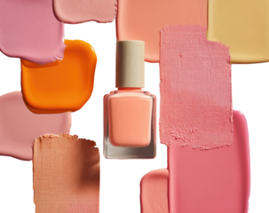 Abstract arrangement of various shades of peach and orange nail polish swatches and a bottle of peach nail polish