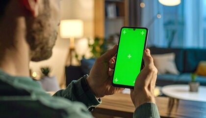 Man holding smartphone with green screen