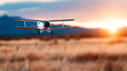 Horizontal shot of silver light plane flying over golden wheat field at sunset, agricultural aviation scene with copy space