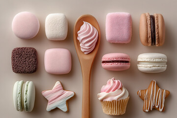 A soft, pastel arrangement of sweets including macarons, marshmallows, cookies, and a cupcake. Delicate and visually charming.