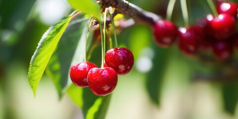 Obraz premium Juicy red cherries hanging from a branch with lush green leaves in a sunny setting.