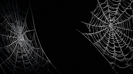 Two dewy spiderwebs cling to corners against a solid black background, intricate details