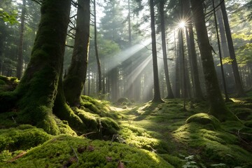 Obraz premium Sunbeams filter through a dense forest canopy, illuminating mosscovered ground