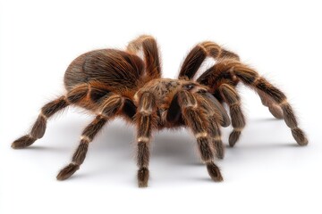 A close-up view of a tarantula, showcasing its intricate details and hairy body against a plain white background.