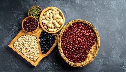 Assorted legumes in wooden bowls on a dark surface