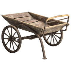 Rustic Cart: An antique wooden cart stands weathered against time, with its aged texture and wheel design.