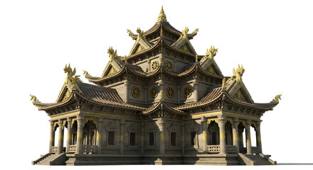 Obraz premium Majestic multi-tiered traditional structure, a stunning 3D rendered example of intricate cultural architecture with ornate golden accents and detailed roof designs