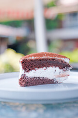 Indulge in a decadent chocolate cake slice with creamy frosting, perfect for dessert menus and sweet cravings