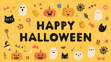 Halloween banner with cute cartoon ghosts, pumpkins, candy, spiderwebs on golden background