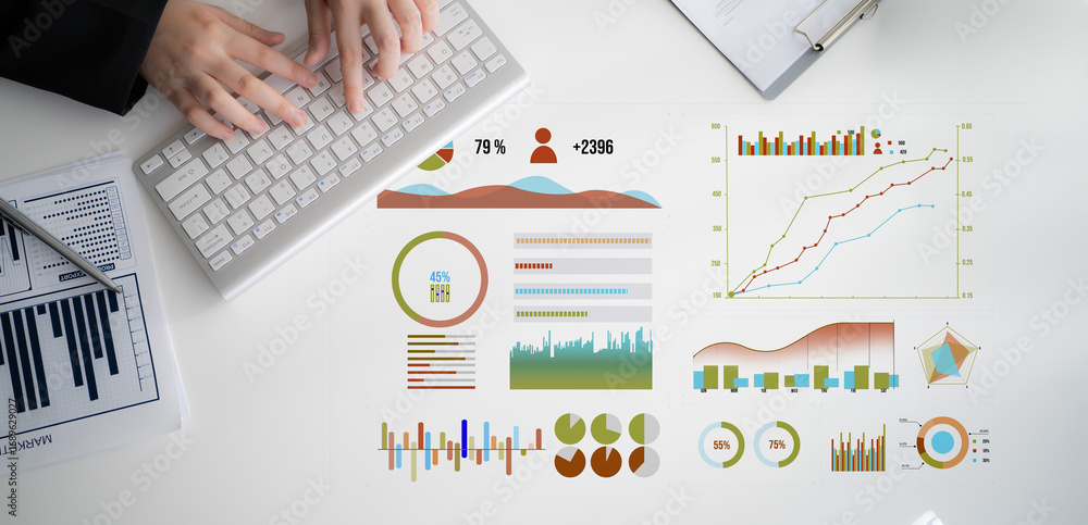 Poster a modern business workspace featuring detailed graphs and charts, a computer keyboard, and reports, 