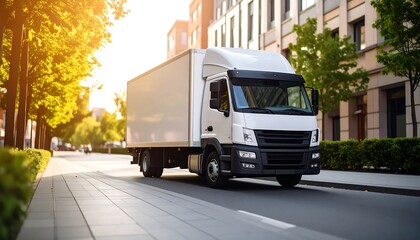 White delivery truck on city street at sunset (1)
