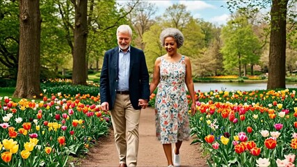 An elderly interracial couple walks hand-in-hand through a garden path lined with colorful tulips on a sunny day.
