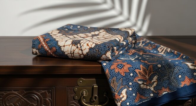 Folded Batik Fabric on Carved Wooden Chest with Leaf Shadow