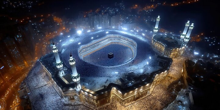 The Kaaba at night, with thousands of worshippers, showcasing the heart of Islam in Mecca